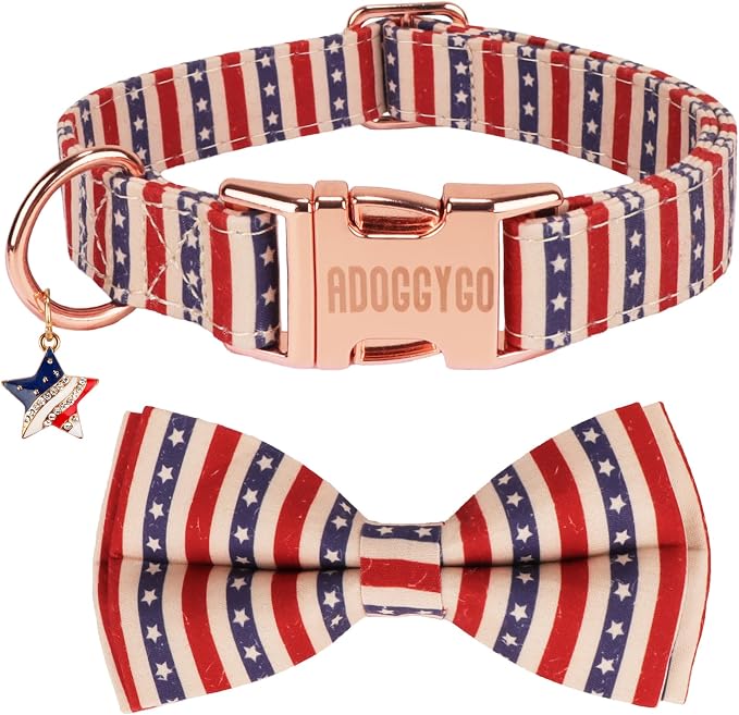 ADOGGYGO American Flag Dog Collar with Bow, Detachable Striped Star Bow, Metal Buckle, Adjustable Patriotic 4th of July Collars for Medium Dogs Boy Girl Male Female (Medium)