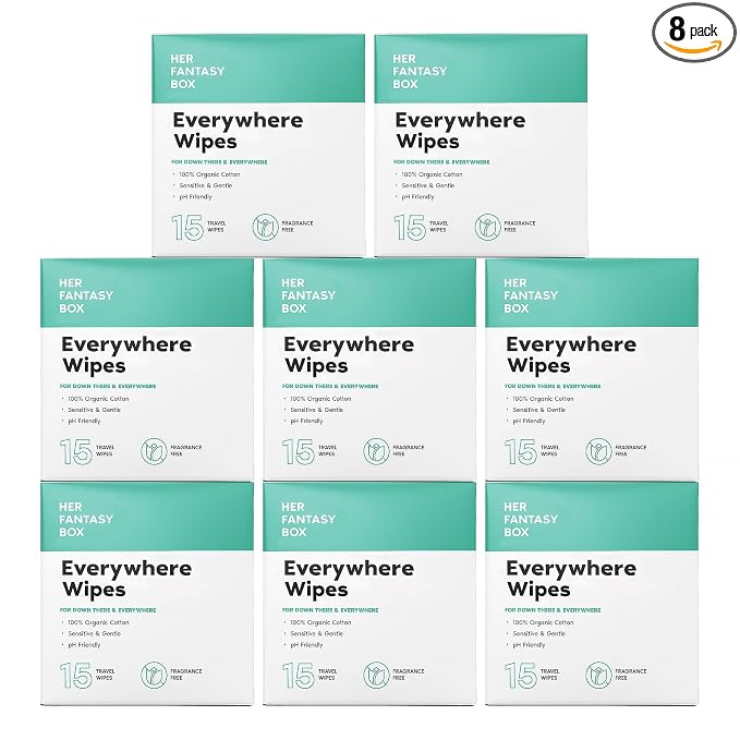 Her Fantasy Box | Everywhere Wipes – 100% Organic Cotton, Gentle & Refreshing, pH-Balanced, Fragrance-Free, Plant-Powered for Body, Face & Intimate Areas, Ideal for Sensitive Skin - 8 Pack, 120 Wipes