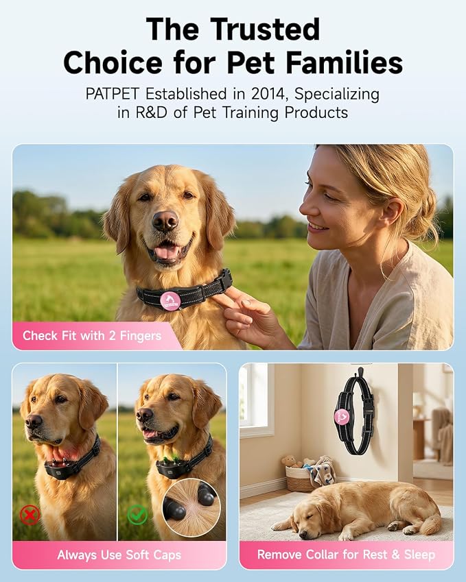 PATPET Dog Shock Collar - Rechargeable Dog Training Collar with Remote for Medium Large Dogs, 3 Training Modes (Beep/Vibration/Shock) IPX7 Waterproof 1000Ft Electric Dog Collar (Pink)
