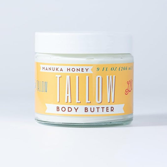 Manuka Honey & Rosehip Body Butter 9 oz - All Natural Beef Tallow Body Moisturizer for Dry Skin - Made with Vitamin E Oil - No Preservatives, Parabens or Seed Oils - USA Made