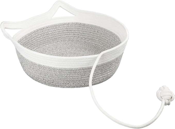 Cotton Rope Woven Cat Bed, Instinct Pet Basket with a Play Ball, Large | Foldable Cat Scratcher Basket for Indoor Cats, Puppies, Rabbits and Small Pets, White & Light Gray
