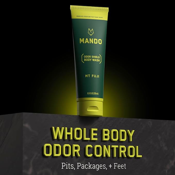 Mando Smooth Solid Stick (2.6 Ounce) + Acidified Body Wash (8.5 Ounce) - Clinically Proven to Block Odor All Day - Whole Body Safe For Pits, Packages + Feet (Mt. Fuji)