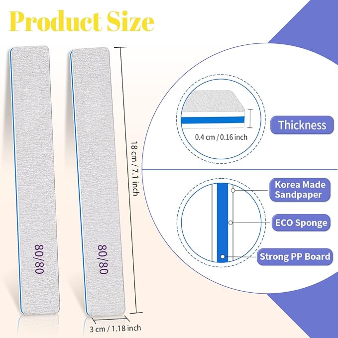 25 Pcs Nail Files 80/80 Grit for Acrylic & Gel Nails, Double Sided Emery Board for Home & Salon Use