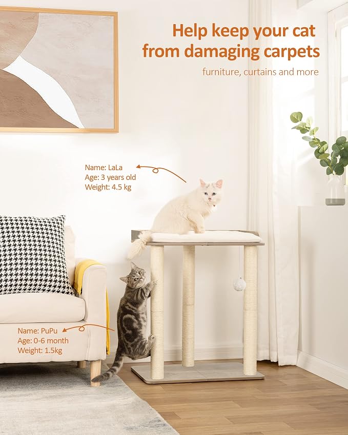 26.7in Large Cat Tree Tower Condo, Cat Scratch Posts for Indoor Cats, Big Plate, Three 23.6in Full Sisal Scratching Posts, Greige