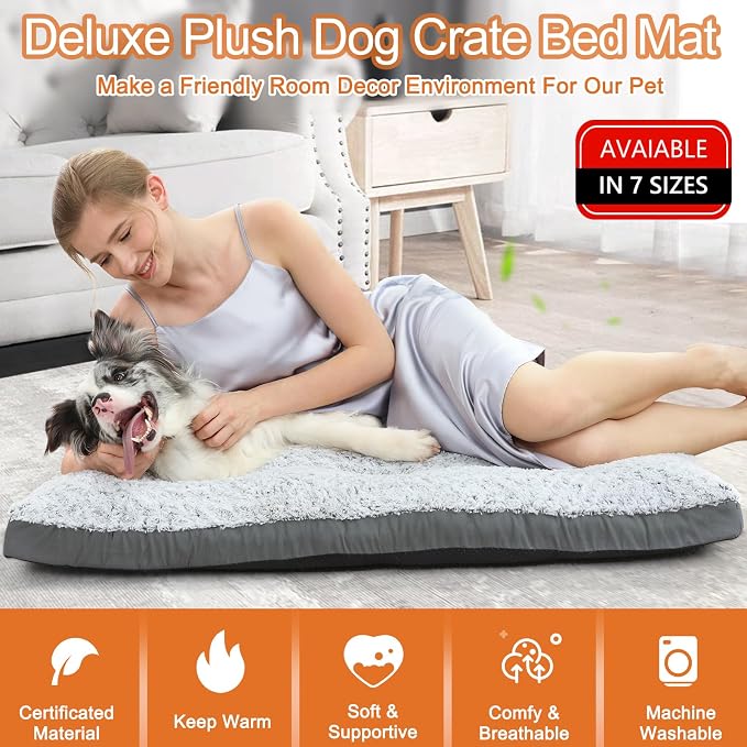 POCBLUE Deluxe Washable Dog Bed for Medium/Large Dogs Dog Crate Mat 29 Inch Comfy Fluffy Kennel Pad Anti-Slip for Dogs Up to 40 lbs, 29"x19", Grey