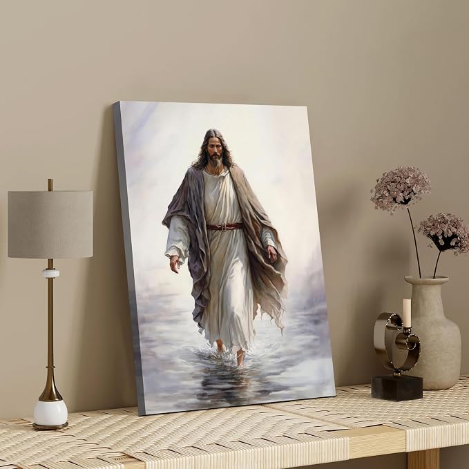 Fantasy Artists Unframed Jesus Christ Wall Art Jesus Walking On Water Canvas Wall Decor Christian Painting Prints Biblical Religious Room Decor for Church Prayer Room Christian School 16" x 24"