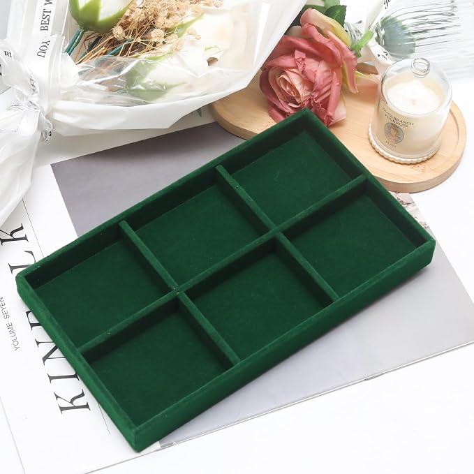 Velvet Jewelry Trays for Drawers, Dark Green 6 Grids | Stackable Jewelry Drawer Organizer, Ring Earring Necklace Bracelet Holder Organizer Display Tray with Removable Dividers
