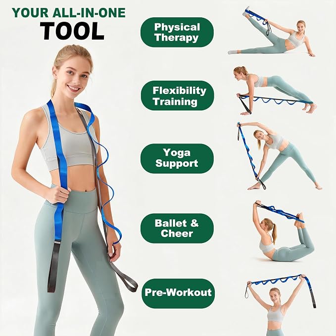 Acozycoo Stretching Strap with Loops,Non-Elastic Yoga Strap for Physical Therapy,Knee Replacement Recovery & Plantar Fasciitis,Leg Stretcher Band for Flexibility & Hamstring Rehab