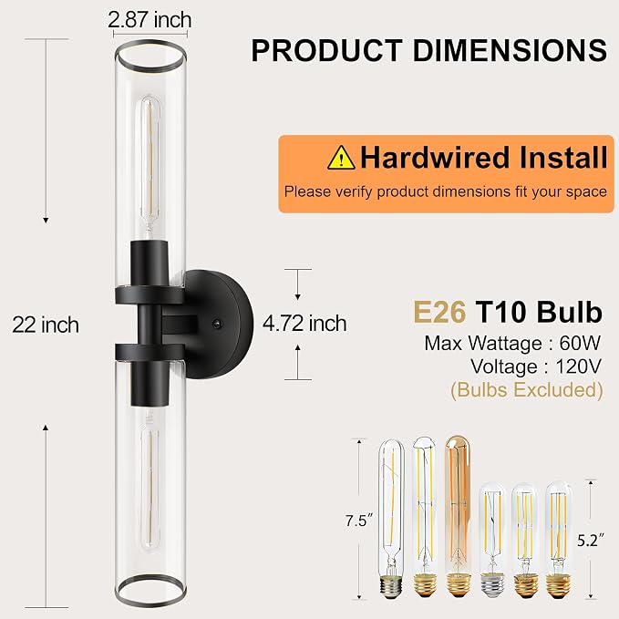 Black Wall Sconces, Set of 2, 22'' Modern Vanity Lights Fixture for Bathroom with Clear Glass, Wall Sconces Lighting, for Living Room/Bathroom Hallway Mirror/Bedroom (Bulbs Not Included)