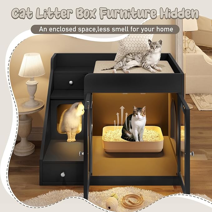 Cat Litter Box Enclosure with Light, Hidden Litter Box Furniture with 2 Storage Drawers & Smart Doors, Cat House Side Table for Living Room Entryway (Black)