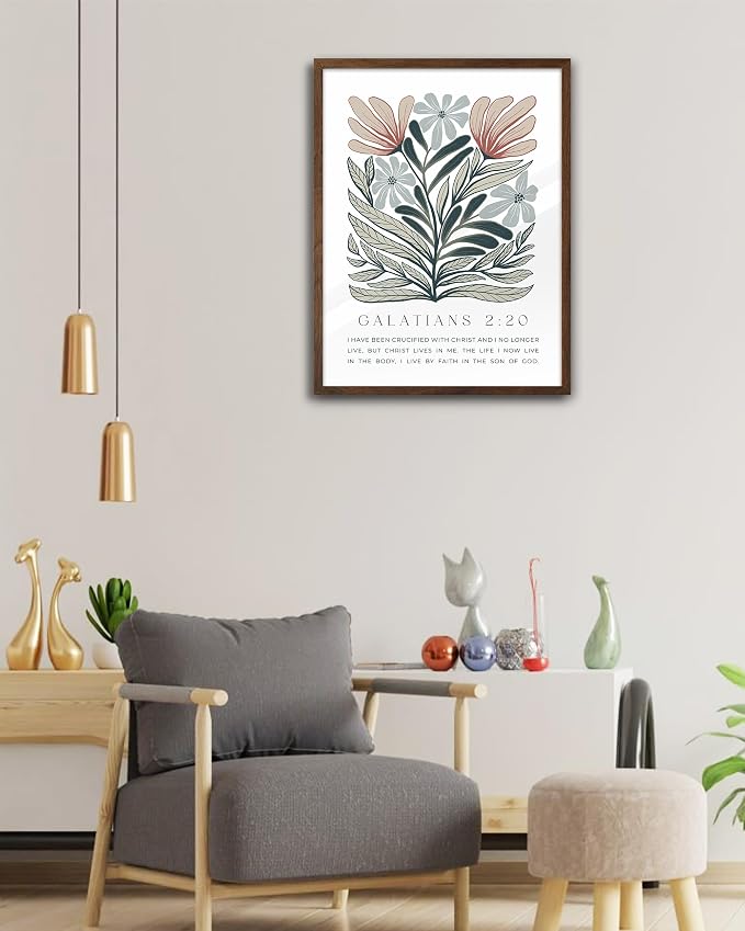 EcoHest 12x16 in Galatians 2:20 Abstract Floral Framed Christian Wall Art | Walnut Color Solid Oak Frame，Canvas Wall Art, Boho Scripture Bible Verse Decor for Bedroom, Living Room, Office, Church,1Pack