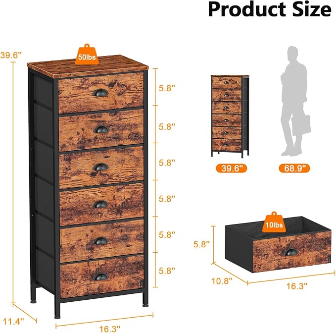 Dresser for Bedroom, 6 Bins Tall Fabric Storage Drawers | Rustic Brown Chest of Drawers , Metal Frame, Wood Top,Tall Nightstand for Dorm,Closet, Bedside Furniture in Living Room