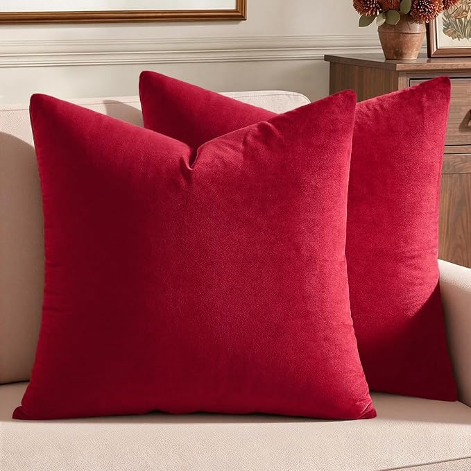 MIULEE 26x26 Inch Pack of 2 Euro Velvet Throw Pillow Covers Red | Soft Solid Decorative Euro Sham, Modern Luxury Home Decor, for King Bed Sofa Couch Bedroom Livingroom