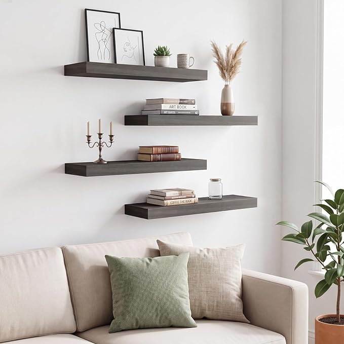 Fixwal Floating Shelves for Wall Decor (Grey, Set of 4, 15.7 Inch) | MDF Shelves with Metal Brackets, Space Saving for Books, Decor, Works in Bathroom, Kitchen, Living Room, Bedroom