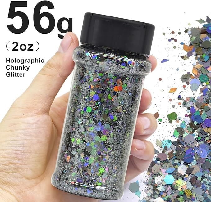 Dark Silver - Holographic Craft Glitter - 2oz Glitter Shaker Bright Colorful Mix Chunky Body Glitter Bulk - 24 Colors in Shaker, Cosmetic Grade Glitter - EBLB901