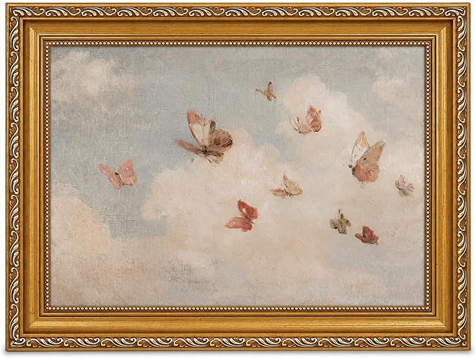 Framed Butterfly Canvas Wall Art,Vintage Girl Nursery Wall Decor16x24in | Soft pastel canvas print Romantic Nature Paint Picture for bedroom, nursery, living room or entryway