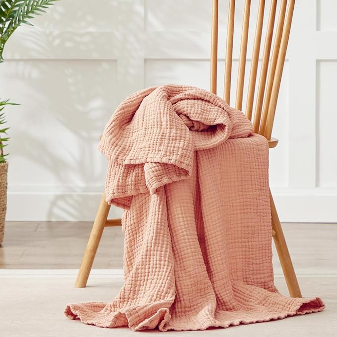 100% Cotton Muslin Blanket Twin 66" x 90", 6 Layers Breathable and Lightweight Cotton Blankets for Couch, Soft Cooling Summer Gauze Blanket for Adults All Season, Dusty Rose‌