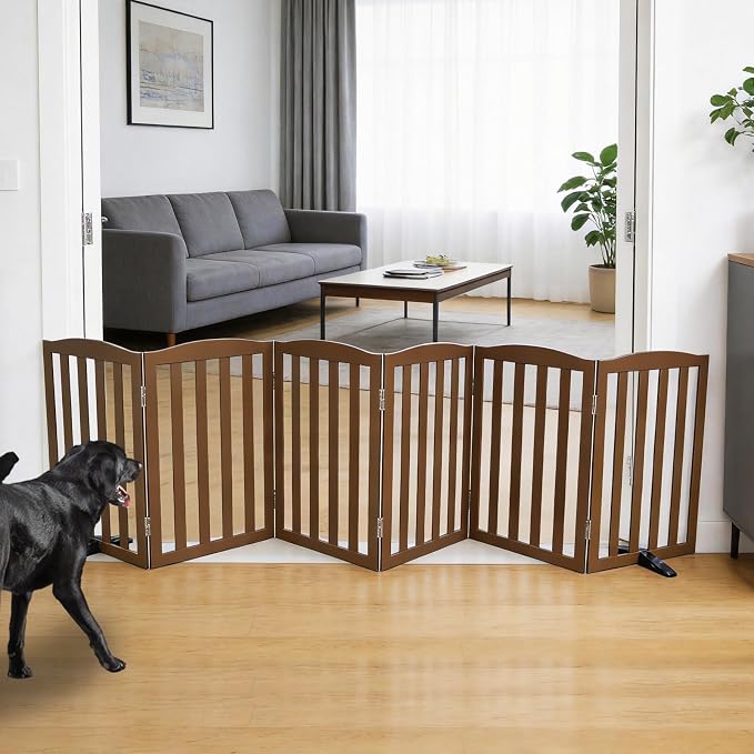 ZJSF Foldable Freestanding Indoor Dog Gate for House Wood Long Pet Gates Dog Fence for Stairs Puppy Gates for Hallways, Puppy Gate,Support Feet Included, Brown, 24 "Height-6 Panels