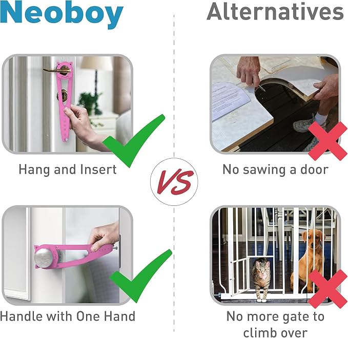 Cat Door Latch with Stabilizer, 7 Sizes Adjustable Cat Door Holder Latch to Keep Dog Out of Litter Box, Economical Alternative of Pet Gates and Interior Pet Door, Pink, 4 Packs