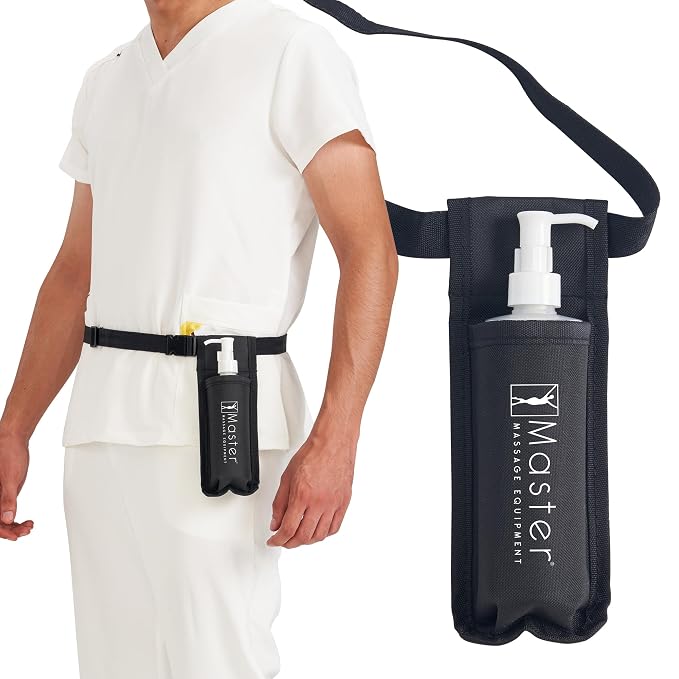 Master Massage Single Bottle Massage Oil Holster Case Bag-Adjustable and Heat-Resistant Bottle Cream & Lotion Single Holster Bag Kit– Incl. One8 Oz Refillable Pump Dispenser