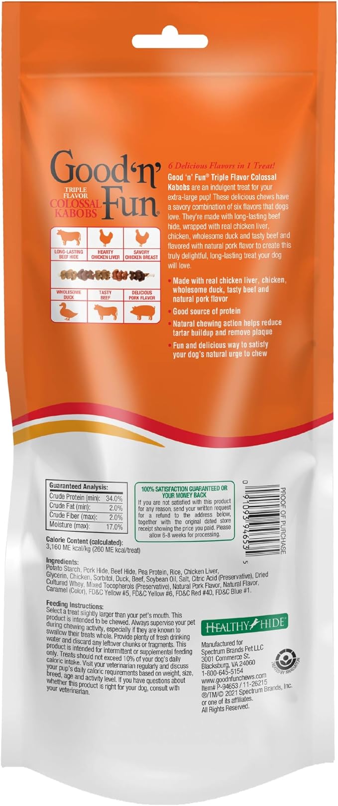 GOOD 'N' FUN Colossal Kabobs Long-Lasting Dog Treat for XL Dogs, 3 Count | Extra-Large Dogs 120+ lbs, Premium Chicken and Beef Hide Chew, Supports Dental Health and Mental Stimulation, For Adult Dogs