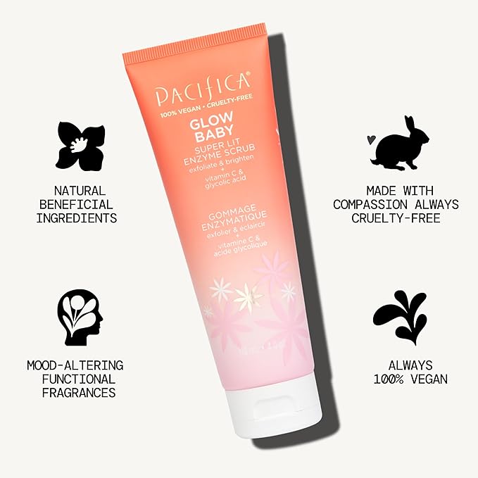 Pacifica Glow Baby Exfoliating Face Scrub, Brightening Enzyme Facial Cleanser w/ Vitamin C & Glycolic Acid for Radiant Smooth Skin, Unclogs Pores & Removes Dead Skin, Microbead-Free Vegan (4 fl oz)