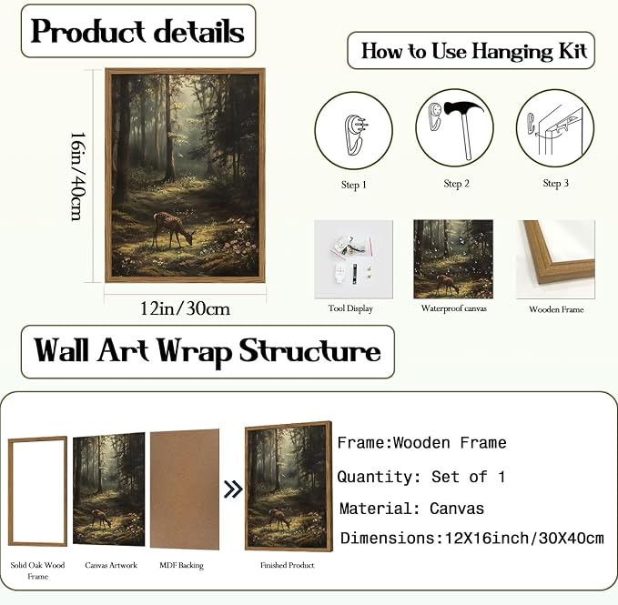 Framed Vintage Forest Deer Canvas Wall Art, Rustic Nature Landscape Paintings Wall Decor, Woodland Animal Pictures Prints Cottagecore Home Decor for Living Room Bedroom Office 12x16 inch