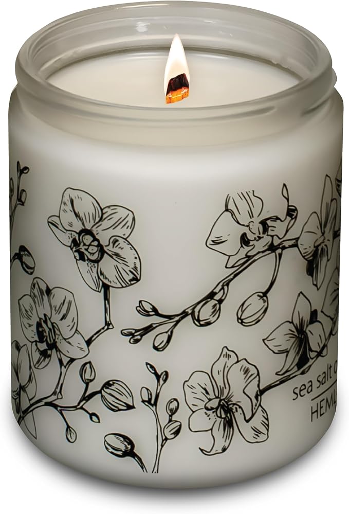 Hemlock Park Sea Salt Orchid Frosted Scented Candle | Crackling Wood Wick, Botanical Fragrance & Coconut Apricot Wax | Up to 60 Hour Burn Time | 8 oz | Made in USA
