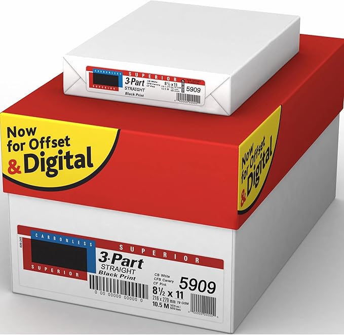 8.5 x 11 Superior Carbonless Paper, 3 Part Straight/Forward (Bright White/Canary/Pink), 833 Sets, 2500 Sheets, 5 Reams