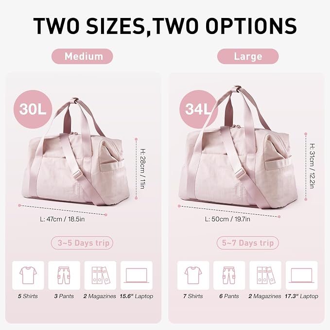 BAGSMART Gym Bag for Women, Carry on Weekender Overnight Bag, Travel Duffel Bags with Trolley Sleeve, Personal Item Travel Bag Tote Bag Workout Dance Bag(Pink,Medium)