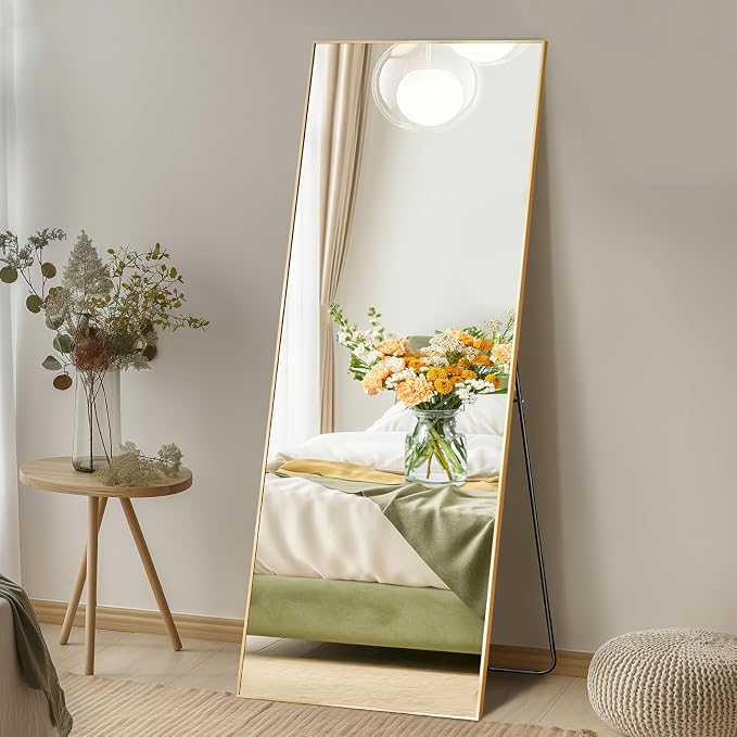 DUMOS 15"x56" Full Length Floor Mirror, Full Body Mirror | Free Standing or Wall Mount, Nano Glass Aluminum Frame, Hanging or Leaning, Modern Simple Home Decor, Gold