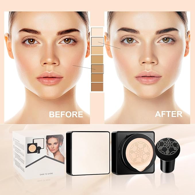 Air Cushion CC Cream - Long-Lasting Brightening Mushroom Head BB Cream Foundation for Face Makeup, Moisturizing Full Coverage Self Adjusting Concealer for Even Skin Tone (Natural, 1 PCS)