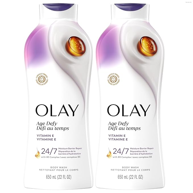 Olay Body Wash for Women, Age Defy with Vitamin E, 24/7 Moisture Barrier Repair, Hydrating & Cleansing for Visibly Soft Skin, Vitamin B3 & Hyaluronic Blend, All Skin Types, 22 fl oz (Pack of 2)