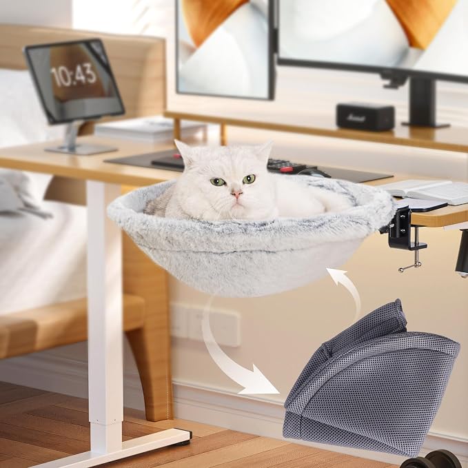 Uross Cat Desk Bed - 180° Rotating Soft & Comfortable Rabbit Fur Bed, Modern Indoor Cat Nest Furniture for Office Desks and Game Tables, Island Table-Supports 50 lbs-(Lightgrey)