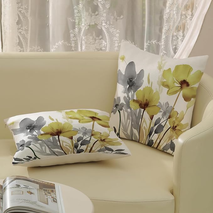 Spring Floral Pillow Covers 18x18 Inches Set of 2 Gray Yellow Floral Throw Pillow Covers Outdoor Rustic Summer Flower Decor Pillowcase Farmhouse Decorative Square Cushion Cover for Sofa Couch