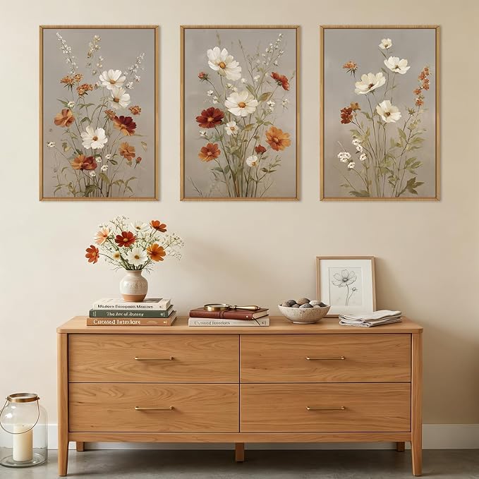 BINCUE Vintage Flower Wall Art Framed Rustic Wildflower Artwork Neutral Botanical Wall Decor Mid Century Floral Painting Farmhouse Daisy Prints for Living Room Bedroom Office 24" Lx36 W Set of 3