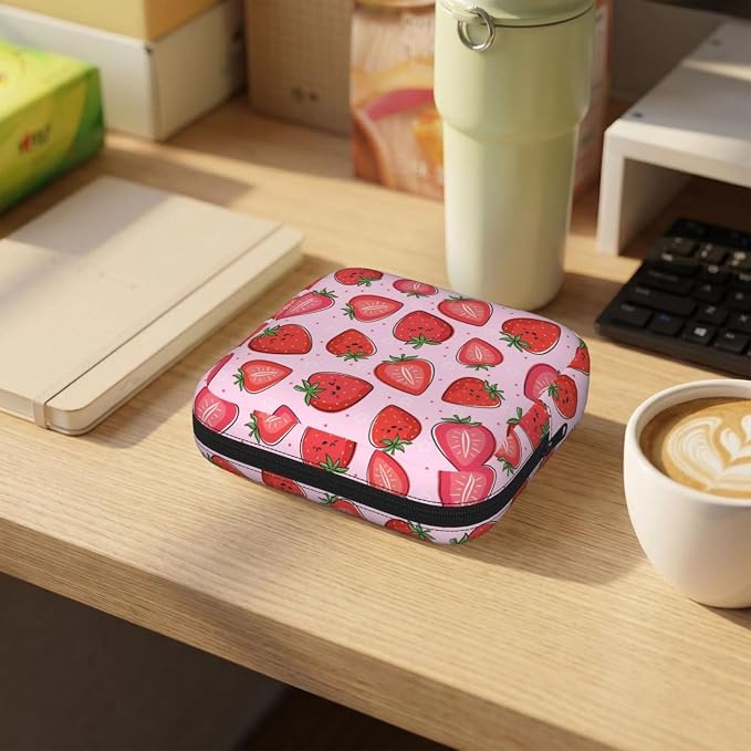 Kawaii Cute Pink Strawberry Strawberries Period Bag For Women,Portable Sanitary Napkin Period Pad Pouch For Purse, Small Make Up Bags