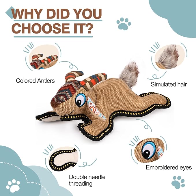 Tough Squeaky Dog Toys for Aggressive chewers Interactive to Keep Them Busy,Durable Funny Cute Tug of war Birthday for Small Medium Large (Antelope)