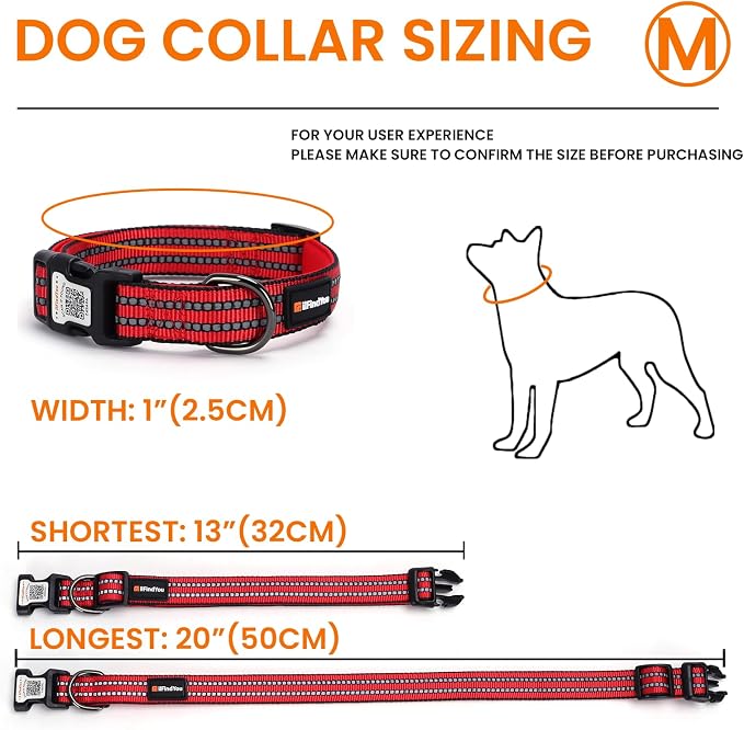 Personalized Dog Collar with QR Code Dog Tag, Red M | Anti-lost, 1000D nylon, reflective, padded, XS-L(8"-24"), QR buckle shares lost pet profile, location alerts when scanned