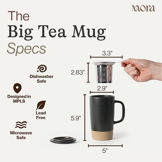MORA Ceramics Large Tea Mug with Loose Leaf Infuser and Ceramic Lid, 18 oz, Portable, Microwave, Dishwasher Safe, Tall Coffee Cup - Rustic Matte Ceramic Glaze, Modern Herbal Tea Strainer, Liquorice