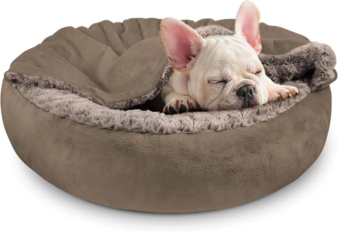 JOEJOY Small Dog Bed Cat Bed with Hooded Blanket, Cozy Cuddler Luxury Puppy Pet Bed, Donut Round Calming Anti-Anxiety Dog Burrow Cave Bed - Anti-Slip Bottom and Machine Washable 26 inch