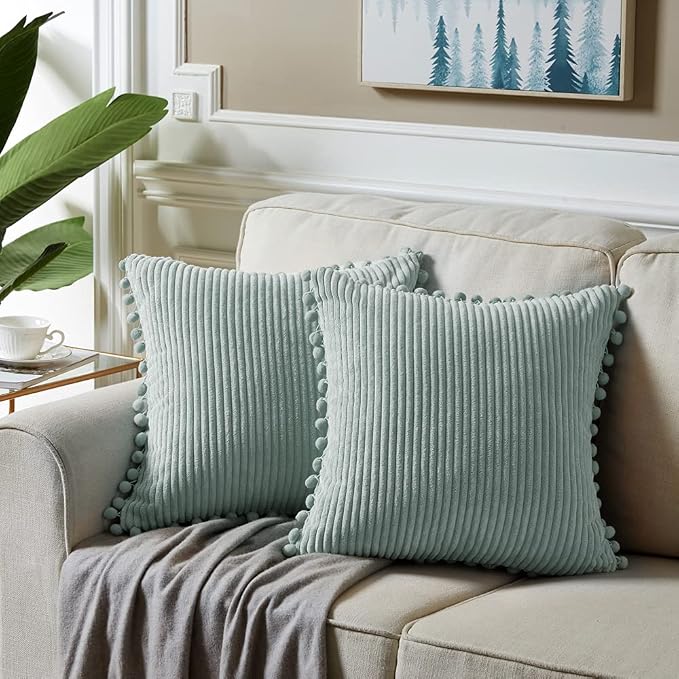 Fancy Homi Pack of 2 Farmhouse Decorative Throw Pillow Covers with Pom-poms, Soft Corduroy Solid Square Cushion Cases Set for Couch Sofa Bedroom Car Living Room (16x16 Inch/40x40 cm, Grey Blue)