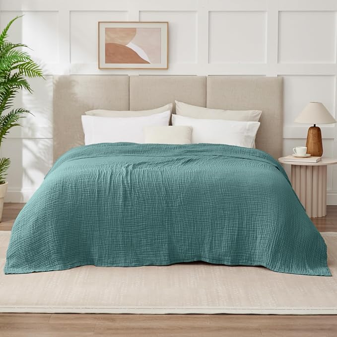 100% Cotton Muslin Blanket California King 120" x 90", 6 Layers Breathable and Lightweight Oversized Blankets for Bed, Soft Cooling Gauze Blanket for Adults All Season, Teal