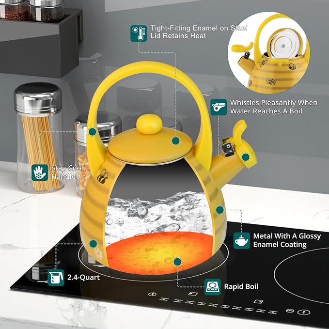 Whistling Tea Kettle for Stove Top Enamel on Steel Teakettle, Supreme Housewares Bee Hive Design Teapot Water Kettle Cute Kitchen Accessories Teteras (2.4 Quart, Bee Hive)