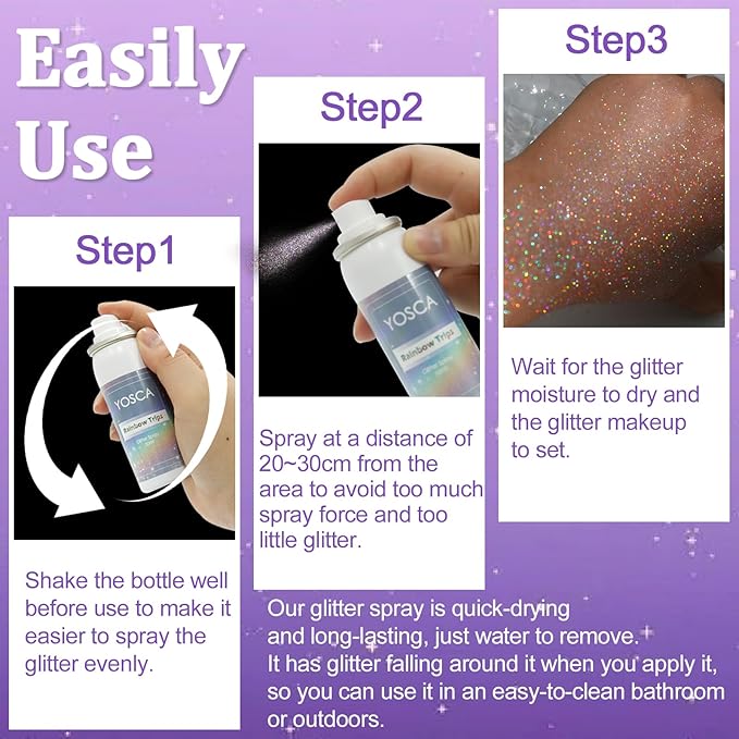 Yosca Body Glitter Spray, 3Pcs Holographic Silver Travel Shiny Glitter Spray for Body Hair Clothes Pride Accessories, Long-Lasting Shimmer Powder Hairspray for Festival Concert Party Rave Accessories