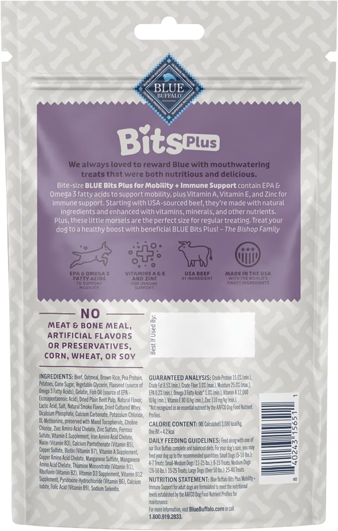 Blue Buffalo Bits Plus Beef Dog Treats, 9.5 oz | Mobility Support, EPA & Omega 3 Fatty Acids, Vitamin A, E & Zinc for Immune Support