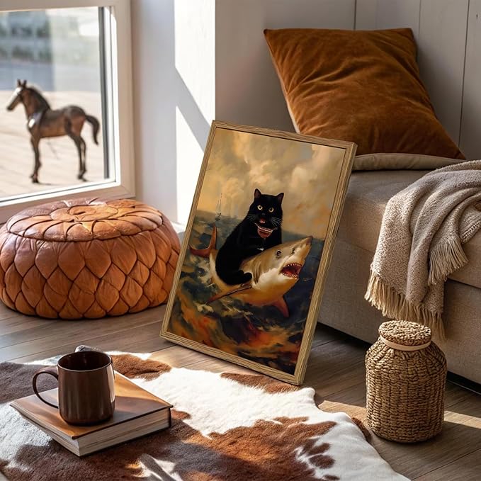 Funny Black Cat Riding Shark Wall Art Whimsical Bar Cart Wall Decor Picture Eclectic Shark Ocean Poster Canvas Painting Prints for Bedroom Living Room 16x24 inch Framed