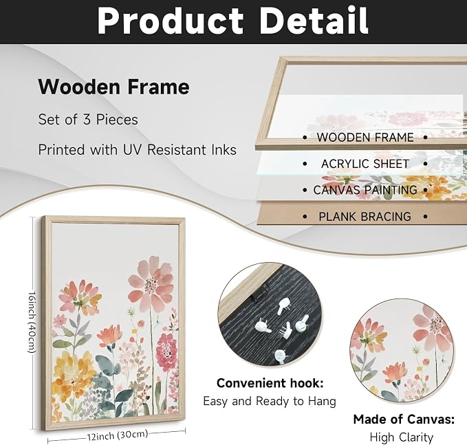 Watercolor Wildflower Wall Art Decor Colorful Flower Pictures Canvas Floral Botanical Wall Art Vintage Prints Poster Floral Painting Artwork for Living Room Bedroom 12x16 Inch Framed Set of 3