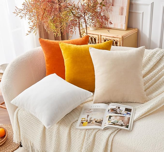 Throw Pillow Covers Set of 2 24x24 Inch Velvet Pillow Covers, Soft Beige Decorative Covers for Couch Sofa Bed Living Room, Neutral Farmhouse Covers, Home Boho Decor