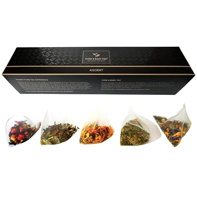 Pure And Easy Tea, Ascent Premium Tea Flight Sampler, 15-Count Whole-Leaf Variety of Naturally Caffeinated Blends, Designed for Focus & Clean Energy, BPA-Free Pyramid Tea Bags, Gift Box (52.5g)